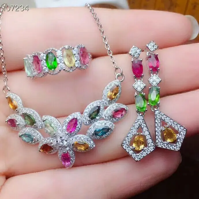 Set MeiBaPJ 925 пробы серебро натуральный красочный Турмалин драгоценный камень ожерелье серьги кольцо для женщин прекрасный свадебный комплект ювелирных изделий - Цвет камня: Set