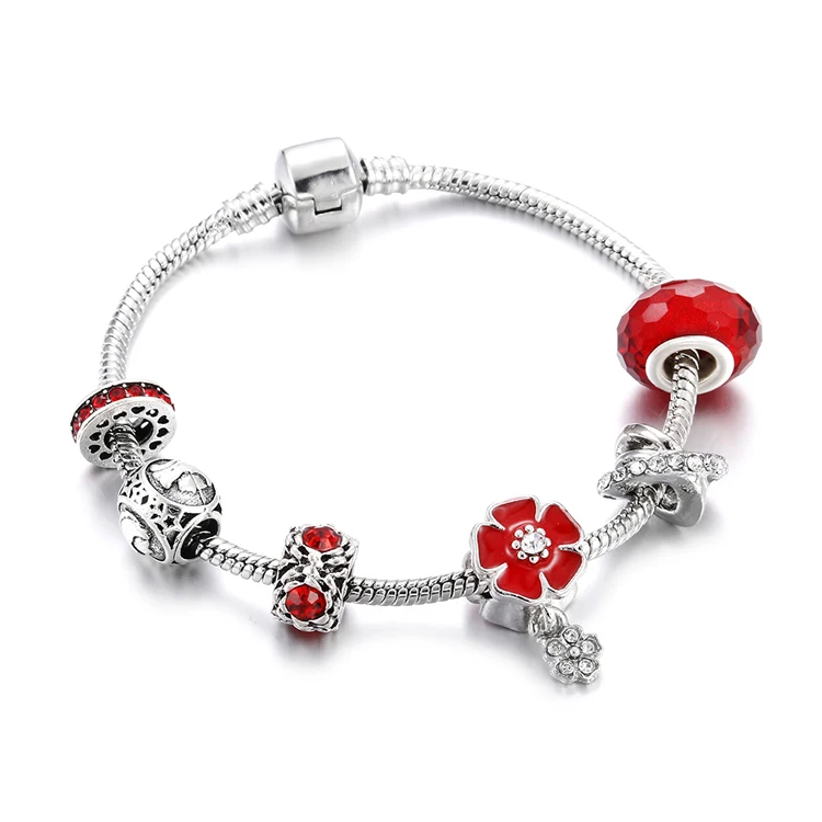 flower2 Модные серебряные браслеты с красным сердцем и кристаллами, стеклянные бусины, подвеска в виде слона, брендовые очаровательные аксессуары для женщин, ювелирные изделия - Окраска металла: flower2