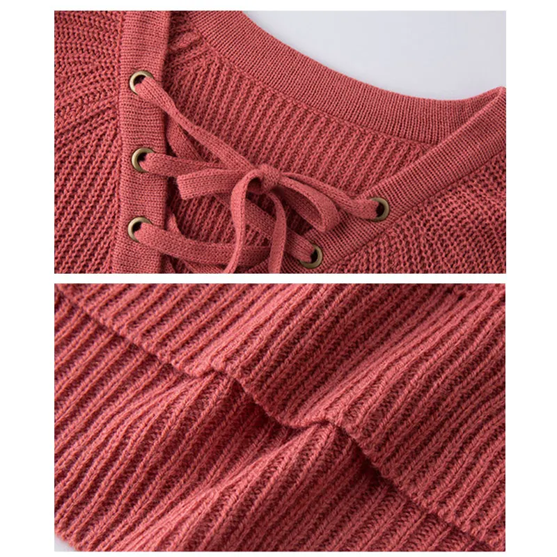 

Willstage Front Lace-up Sweater Women Solid Color Knitted Tops Long Sleeve Pullovers Knitwear Winter New 2019 Winter Bottom Tops