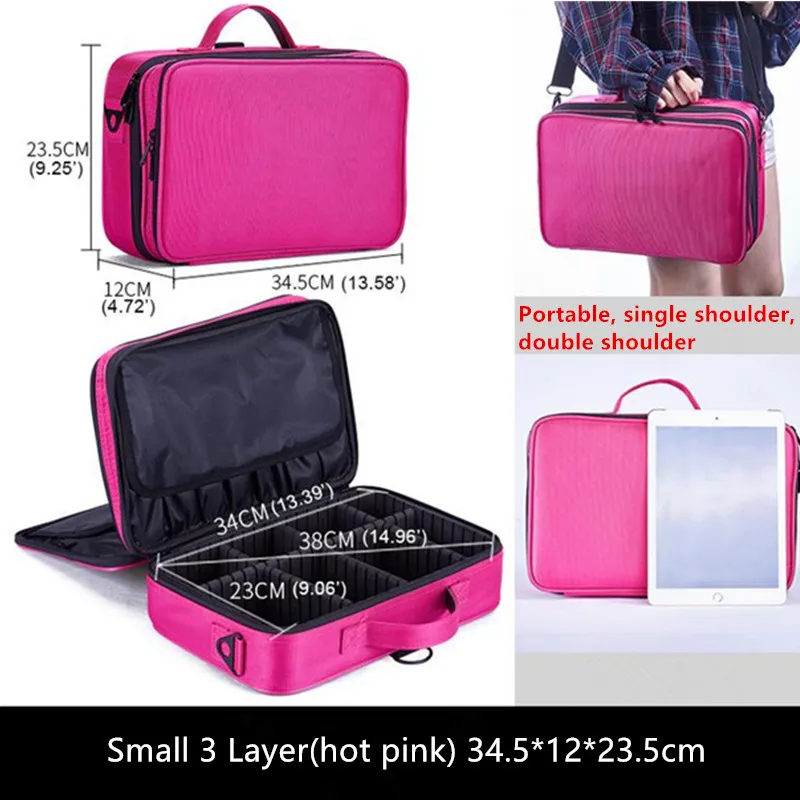 Small 3layer Hotpink Высокое качество, профессиональная женская косметичка, большой органайзер, косметический чехол, для путешествий, большая емкость, чехол для костюма s, сумочка 25 - Цвет: Small 3layer Hotpink