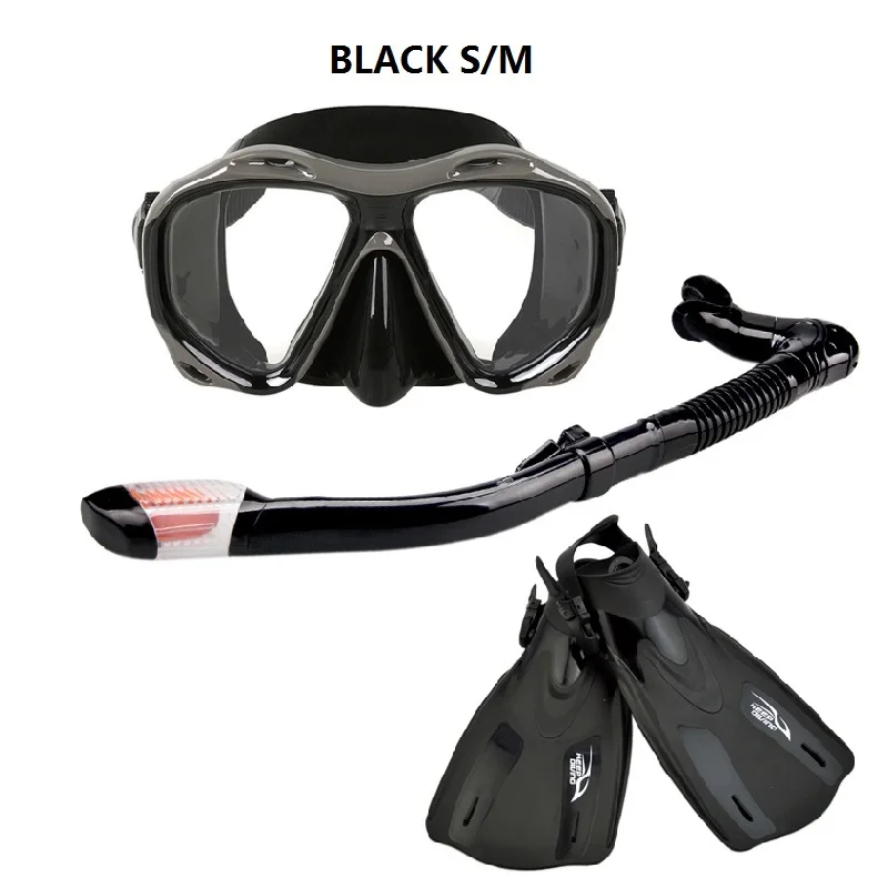 BLACK S-M Силиконовая маска для подводного плавания и подводного плавания+ дыхательная трубка+ ласты для плавания - Цвет: BLACK S-M