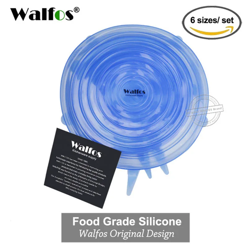 WALFOS Blue 6 шт многоразовые силиконовые эластичные крышки, универсальная крышка, силиконовая пищевая упаковка, миска, крышка для кастрюли, силиконовая крышка для кастрюли, кухонные пробки - Цвет: WALFOS Blue