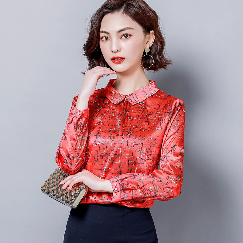 

long sleeve print slik blouse women vintage peter pan collar women shirts plus size office womens tops and blouses blusas mujer