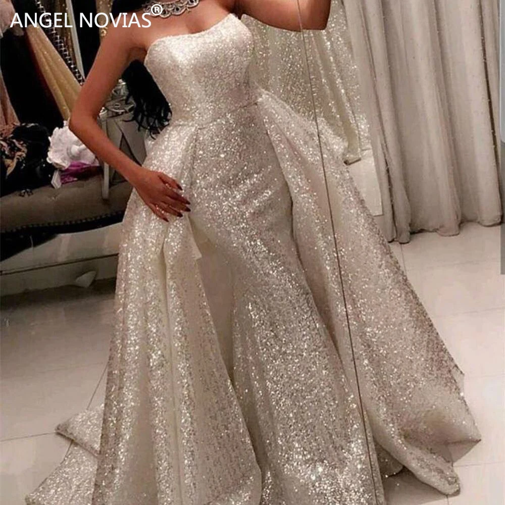 Женское длинное вечернее платье ANGEL NOVIAS серебристое арабское Русалка со съемной