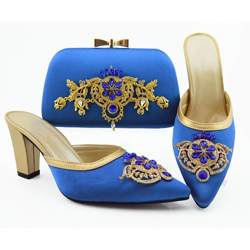 

Royal Blue Nice Design Italian Slipper Shoes With Bag Set Latest Rhinestone African Women High Heels Shoes And Bags For Party