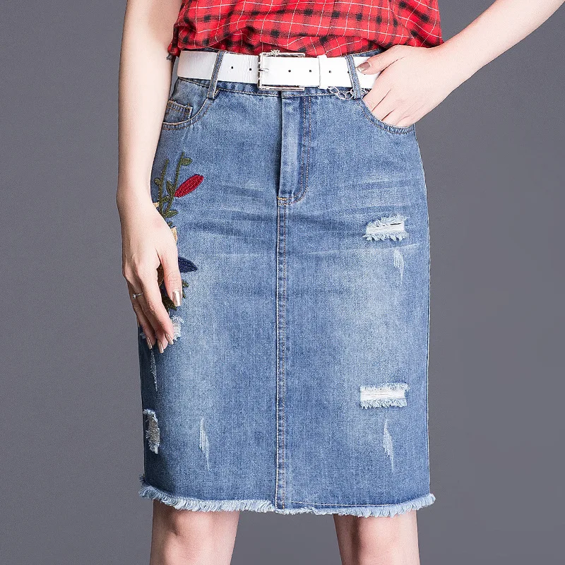 1252 Shredded Women denim skirt female 2019 spring and summer new embroidered skirts Slim bag hip BLUE M-4XL | Женская одежда