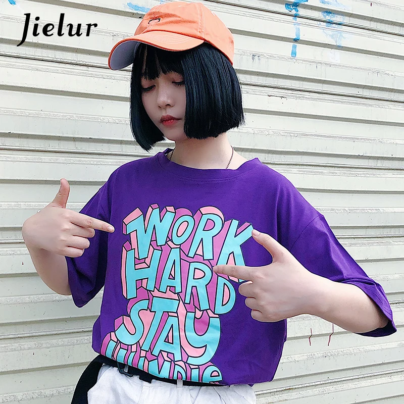 Jielur Harajuku Фиолетовый Топ Femme S-XL повседневное с буквенным принтом корейский стиль