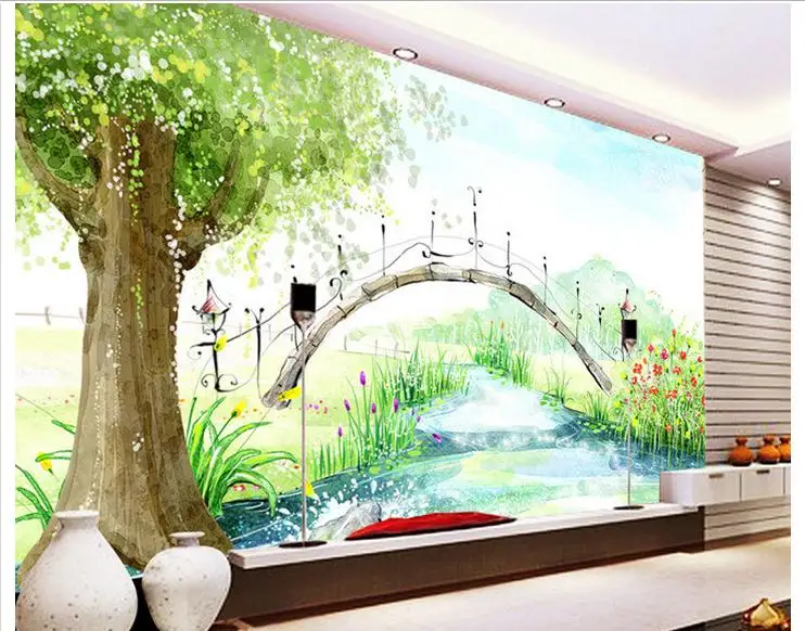

Custom mural 3D non-woven wallpaper Hand painting watercolor Bridges the tree children room TV setting wall kids room