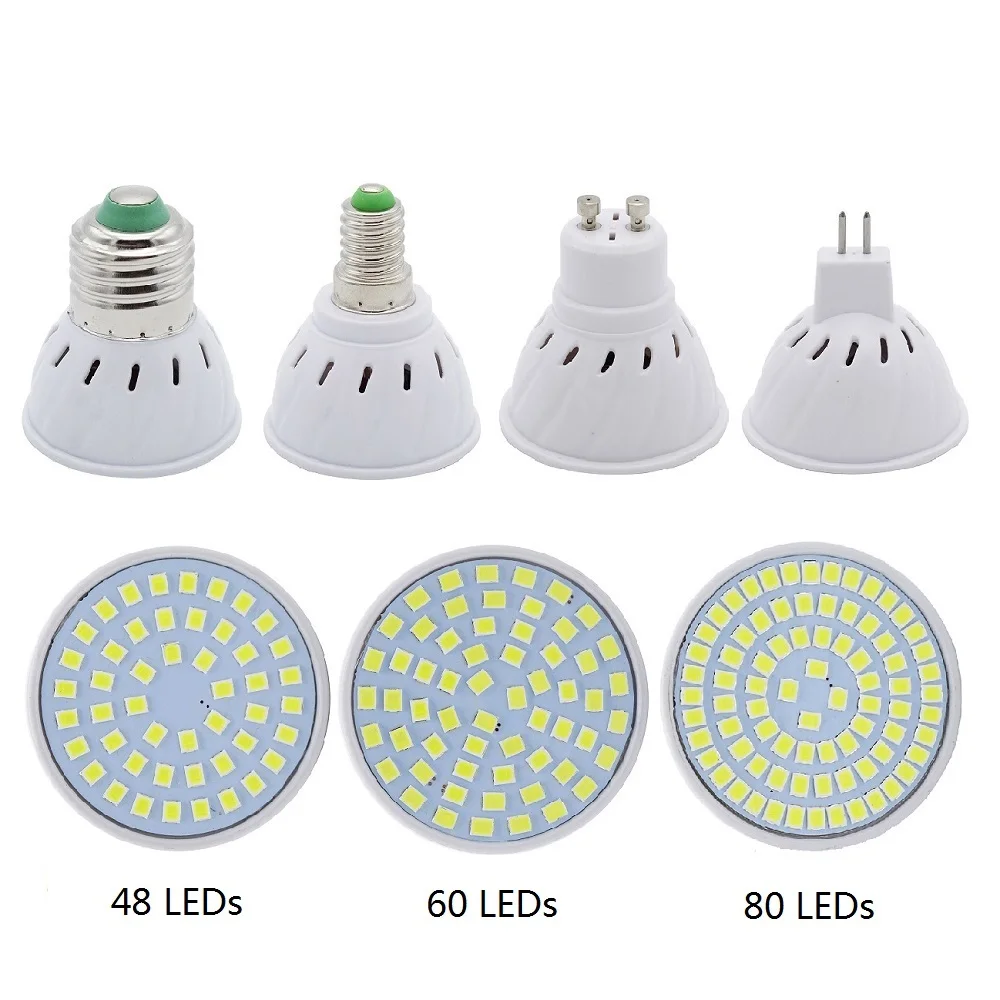 Светодиодная лампа GU10 MR16 E14 E27 1 шт. 220 В перем. Тока 2835 SMD 48 60 80 светодиодов