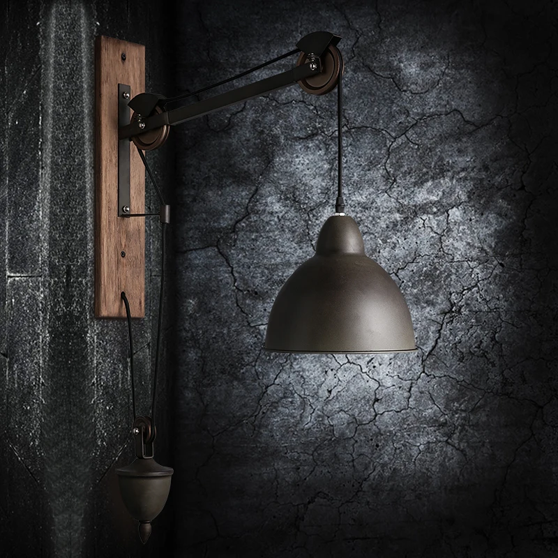 Goede Retro Vintage Iron Black Katrol Wiel Led Wandlamp, Loft Achtergrond Industriële Wandkandelaar Houten Licht Voor Woonkamer Cafe Bar