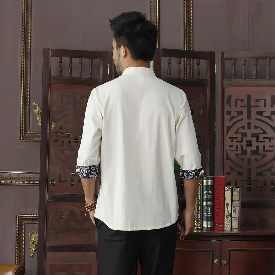 Летняя новая бежевая мужская хлопковая льняная рубашка топы винтажная китайская