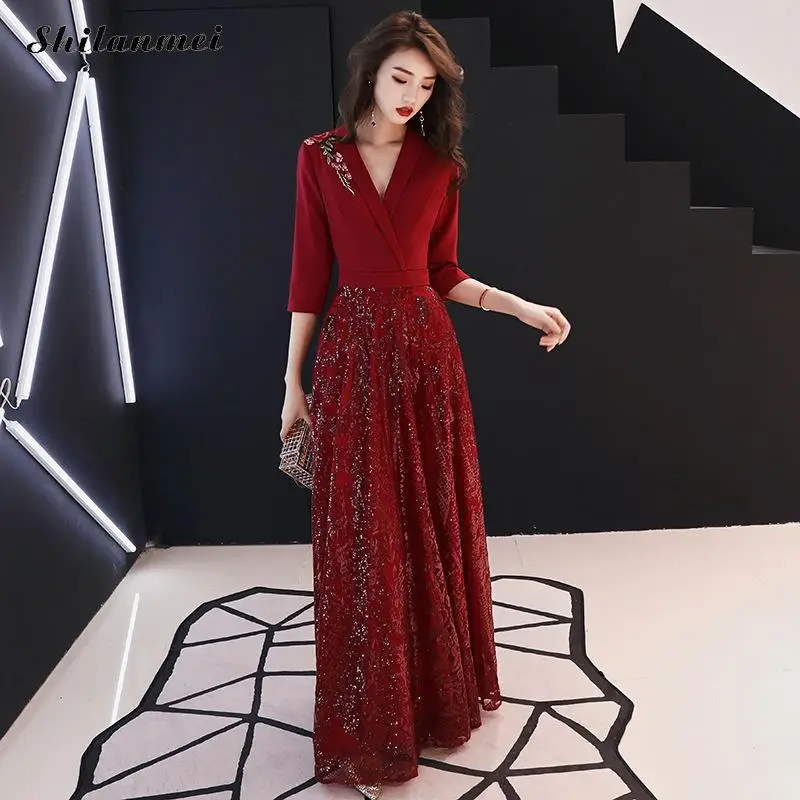 

2019 Evening Party Dress Women Red Embroidery Retro Vintage Dress Chic Sequin Deep V Long Maxi Dress Sexy Robe Femme Vestidos