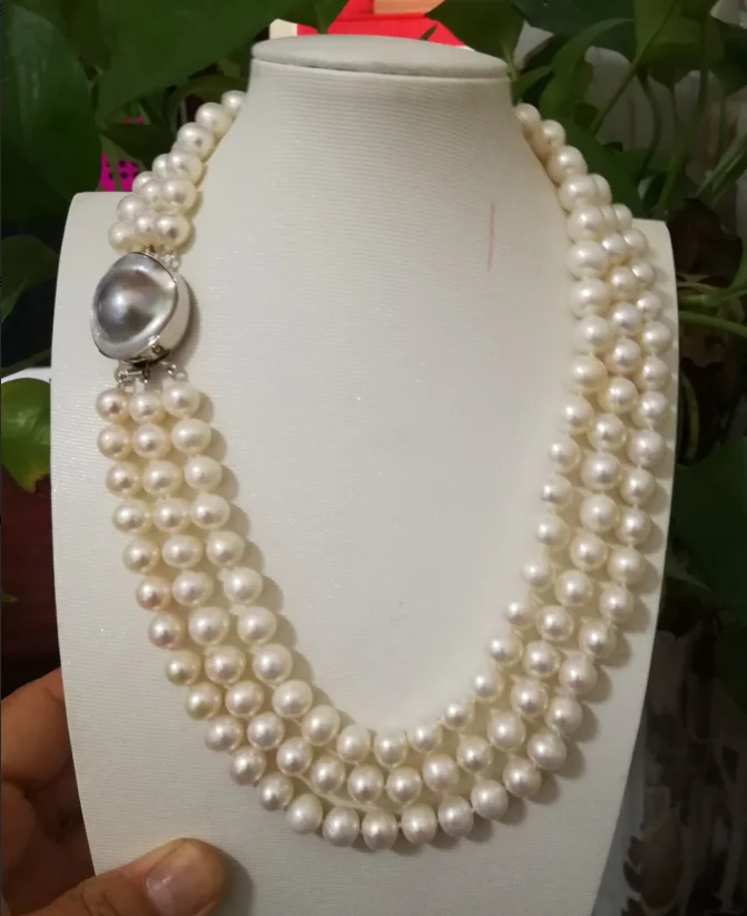 

Triple strands 9-10 mm natural south sea white pearl necklace 17-19 " Free shipping