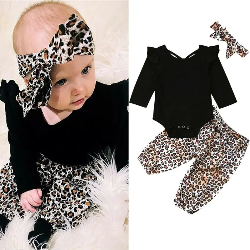 Autumn 3Pcs Toddler Kids Baby Girl Black Long Sleeve Romper Top Legging Leopard Pants Headband Infant Outfit | Мать и ребенок