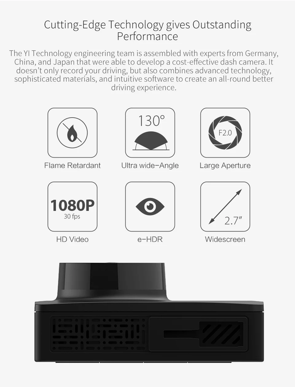 Автомобильный видеорегистратор YI Compact Dash Camera | Разрешение 2.7K | Широкий угол обзора 130° |