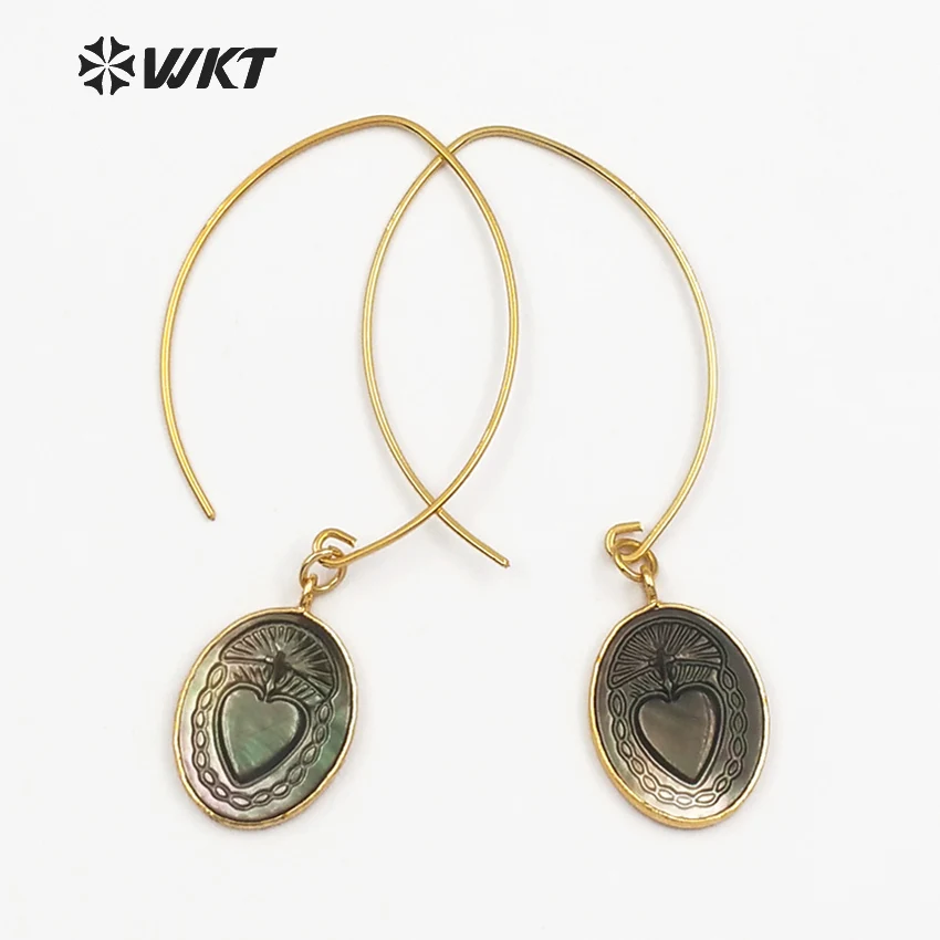 WT-E455 Metal Earwire With Gold Bezel Natural Sea Shell Briolette Earring Mysterious Pattern Women Bohemia Dangle | Украшения и