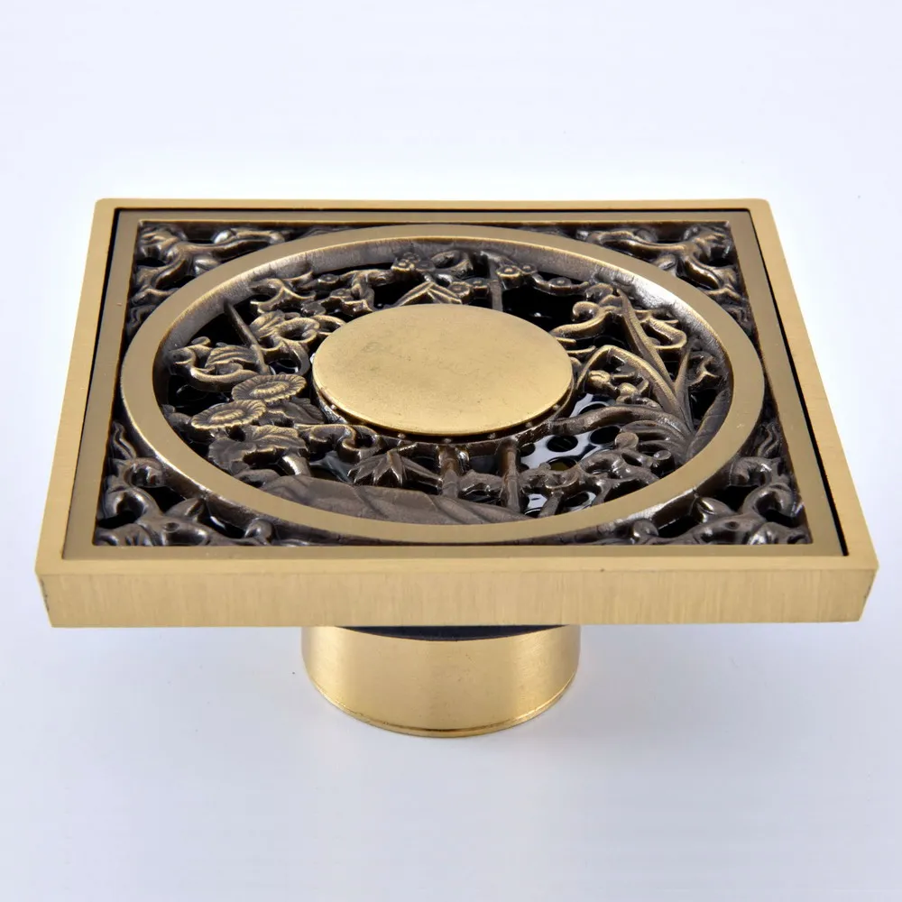 

Antique Brass Vintage Carved Flower Pattern Bathroom Shower Drain 4" Square Floor Drain Waste Grates Bathroom Accessory mhr073