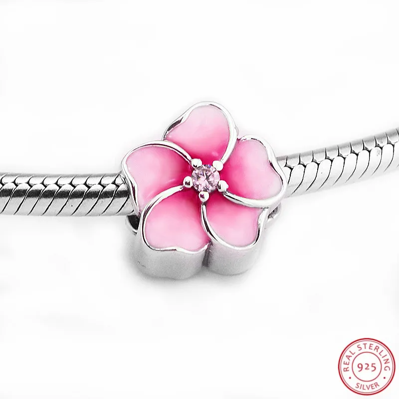 CKK очаровательные цветы бусины с розовой эмалью и прозрачный CZ DIY Fit PANDORA Подвески Серебро 925 для женщин ювелирных изделий CK008A