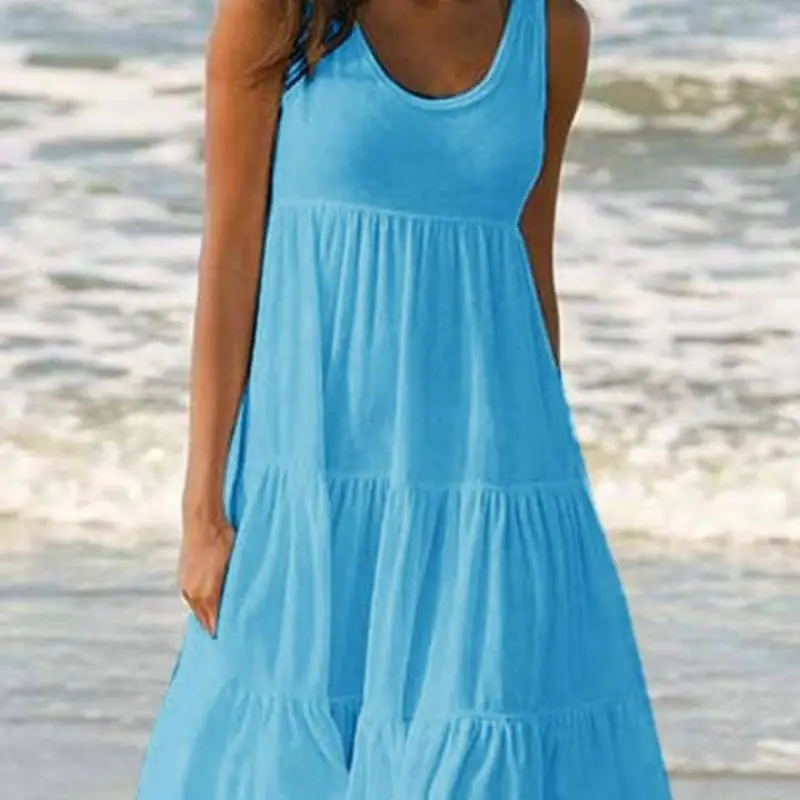 Princess Sleeveless Round-collar Stitching Dresses 2019 Women's Spring New Fashion Pure Color Pendulum Vestidos Simple Dress | Женская