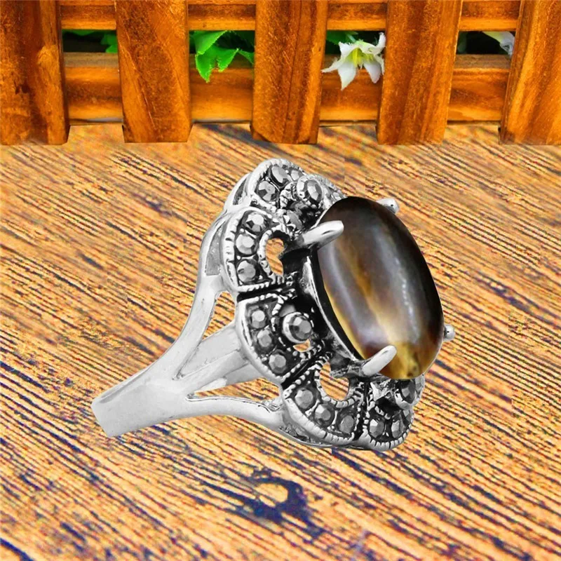 Oval Natural Tiger Eye Rings For Women Vintage Look Antique Silver Plated Rhinestone Plum Flower Fashion Jewelry TR692 | Украшения и