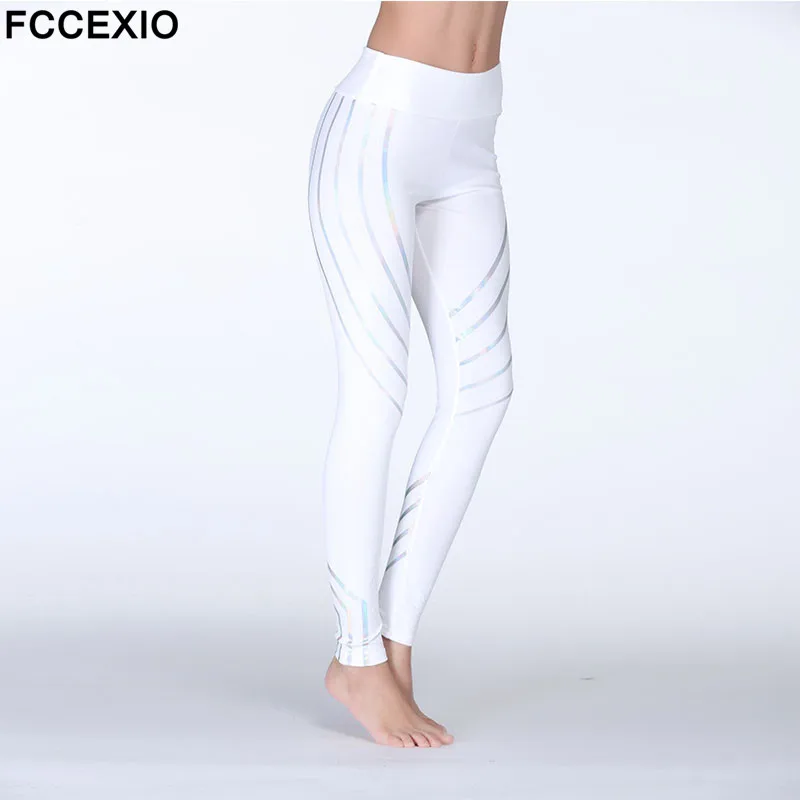 

FCCEXIO Women Elastic Sexy Luminous Stripes Workout Pants Push Hips Sport Leggings Night Running Gym Fitness Slim Trousers