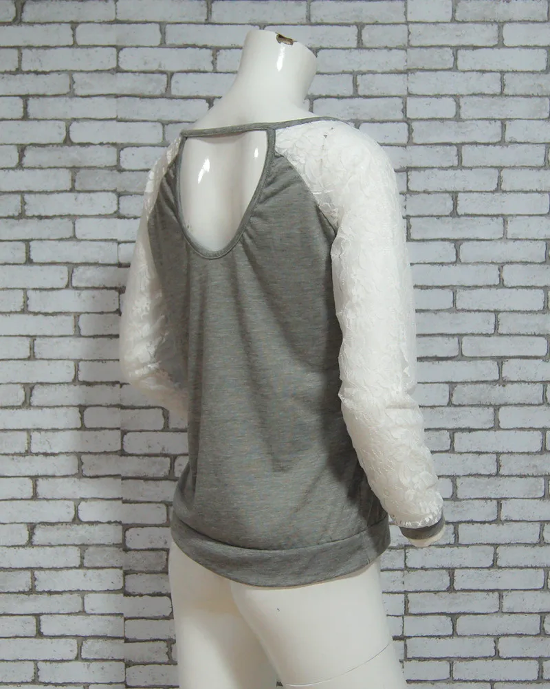 Rogi женская футболка 2019 длинный рукав кружево пэчворк джемпер серая футболки