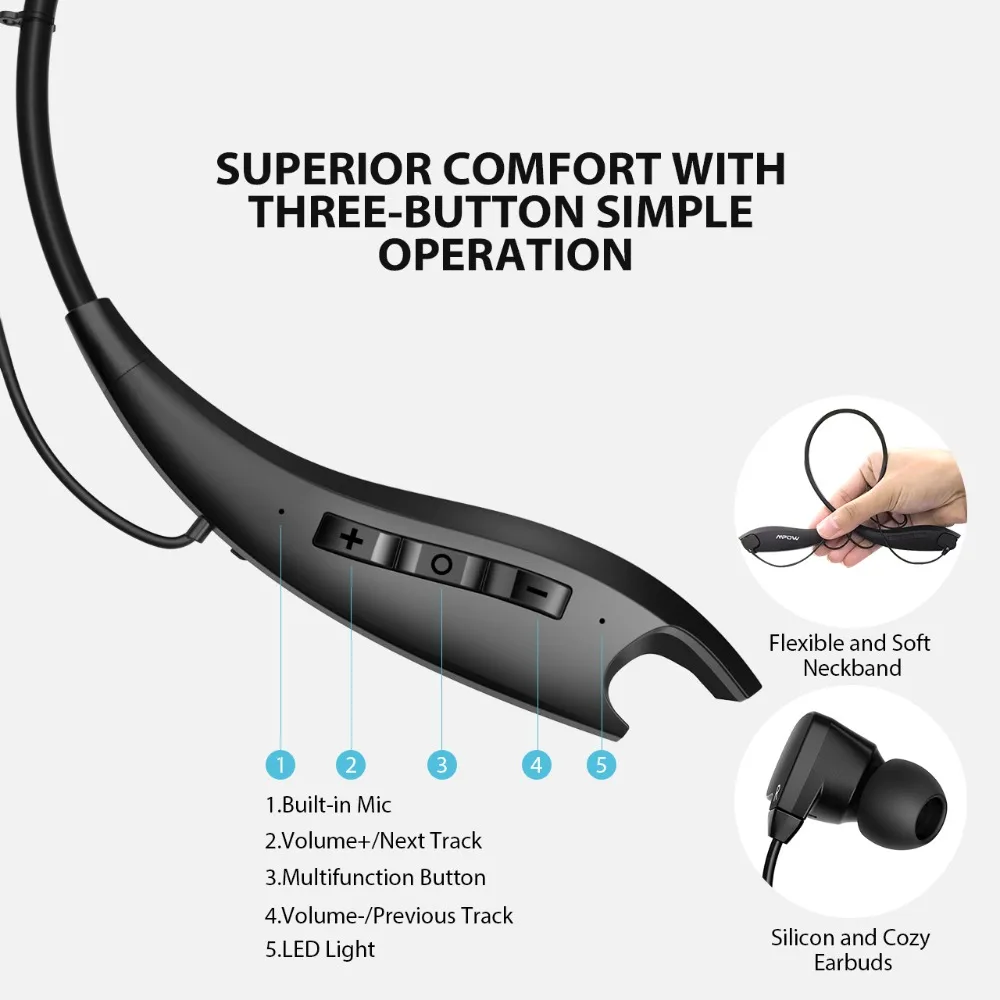 Mpow Jaws Gen 5th Bluetooth 5,0 шейные наушники 18 ч Время воспроизведения магнитные наушники Встроенный микрофон для iPhone Xiaomi Huwai SONY