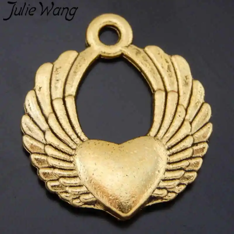 Julie Wang 10 шт. Золотой летающий сердце Крылья Подвески из сплава для ожерелья серьги