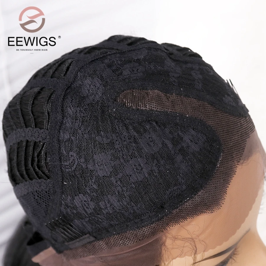 EEWIGS боковая часть натуральный черный синтетический парик светильник l-часть Яки прямой парик шнурка высокая температура термостойкий парик повседневная одежда