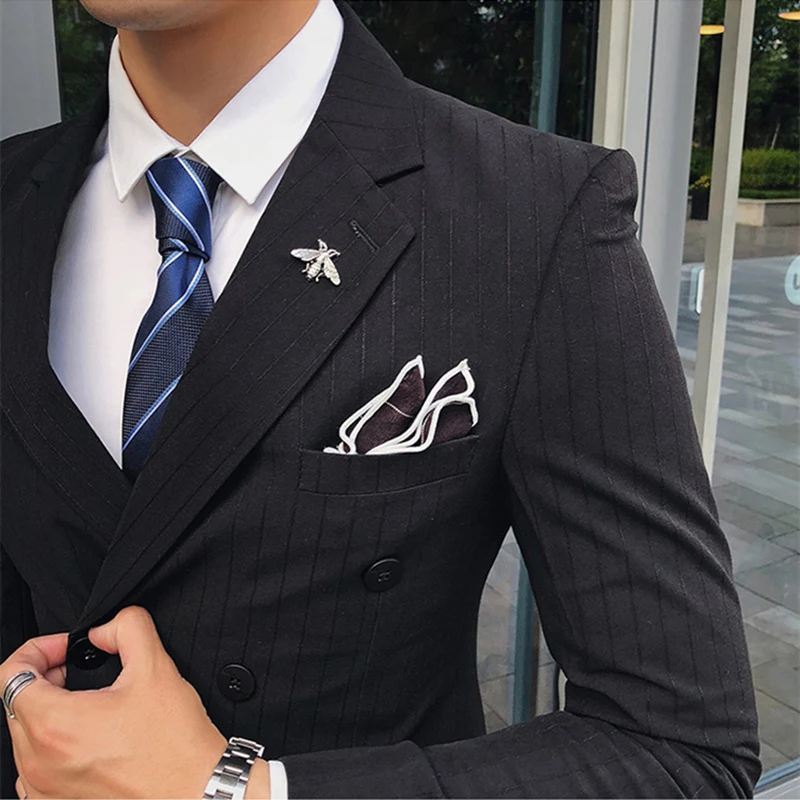 Двубортный мужской костюм в полоску приталенный смокинг костюмы жениха для