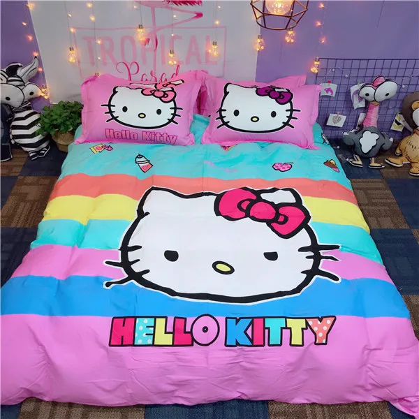 style8 Набор постельного белья из хлопка с рисунком hello kitty, пододеяльник, простыня, наволочка, мягкий, розовый, белый, клубника, король, королева, размер, Комплект постельного белья - Цвет: style8