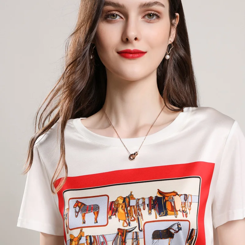 Luxury Women's Girl Plant Pattern Real Silk T-shirt Double Georgette Short Sleeve Thin Tshirt High-end Fabric Summer Tees |