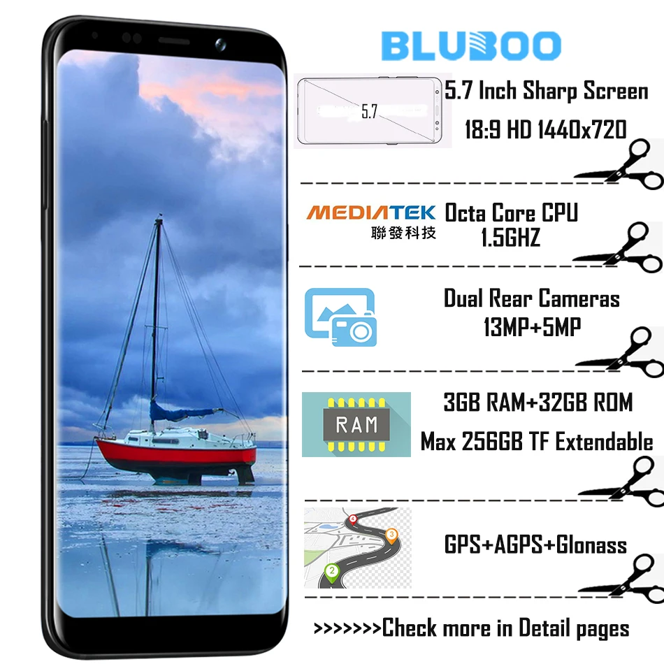 BLUBOO S8 смартфон с 5 7 дюймовым дисплеем восьмиядерным процессором MT6750T ОЗУ 3 ГБ ПЗУ 32
