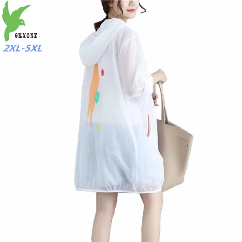 

Fashion Summer Sun Protection Women Thin Trench Coat Hooded Windbreaker Plus Size 2XL-5XL Female Anti-UV Breathable Tops G48