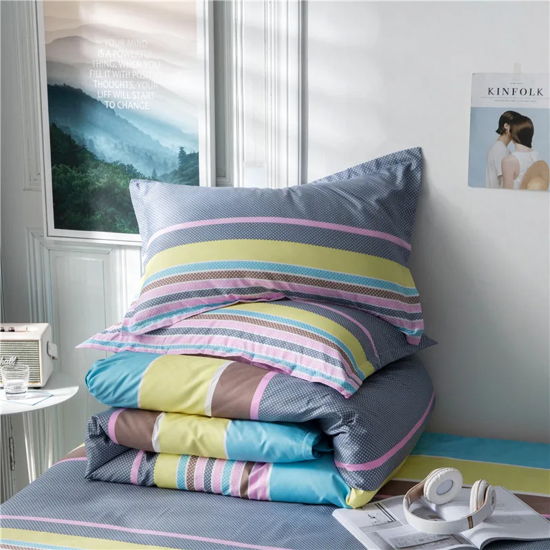 Color Stripe Pattern Duvet Cover Flat Bed Sheets +Pillowcase Super King Queen Full Twin 5 Size Bedding Set 4Pcs | Дом и сад