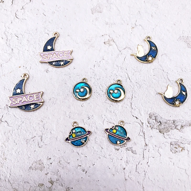 10pcs/bag Blue Moon Planet Stars Cat Enamel Charms Oil Drop Alloy Space Pendants Earring Bracelet DIY Jewelry Accessories YZ379 | Украшения