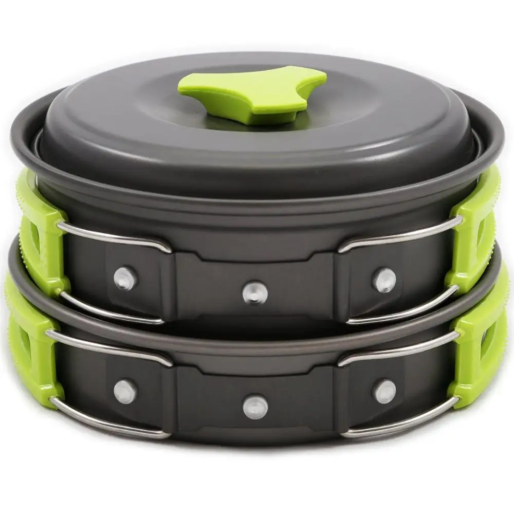 Green handle Легкий походный набор кухонной посуды, снаряжение для альпинизма, Походное снаряжение на открытом воздухе, сумка для приготовления пищи, оборудование для приготовления пищи, 10 шт., набор для приготовления пищи, миски - Цвет: Green handle