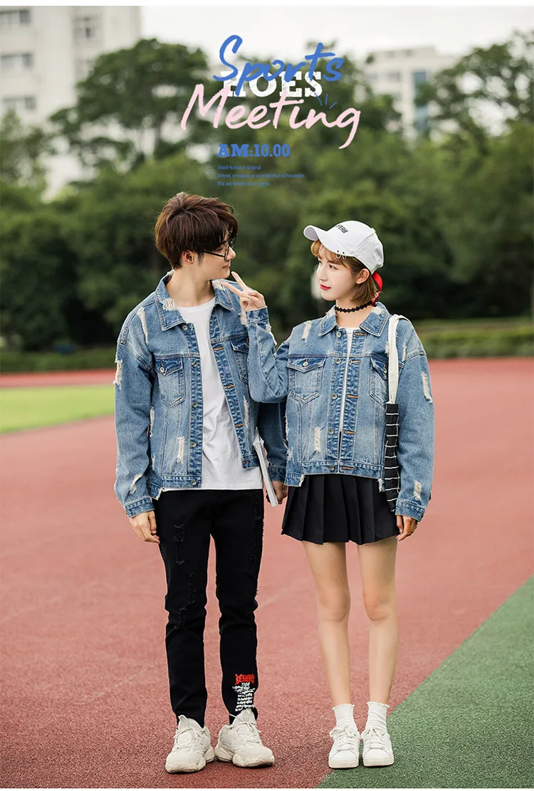 

New Couple Wear Vintage Letter Print Frayed Jean Jacket Women and Men Autumn Ripped Hole Denim Coat Female Bomber Jackets Casaco