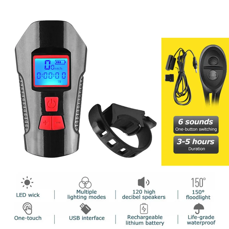 black-red 4 режима USB велосипедный светильник и велосипедный компьютер 6 режимов Рог вспышка светильник велосипедный Спидометр светодиодный передний светильник s велосипедный головной светильник - Цвет: black-red