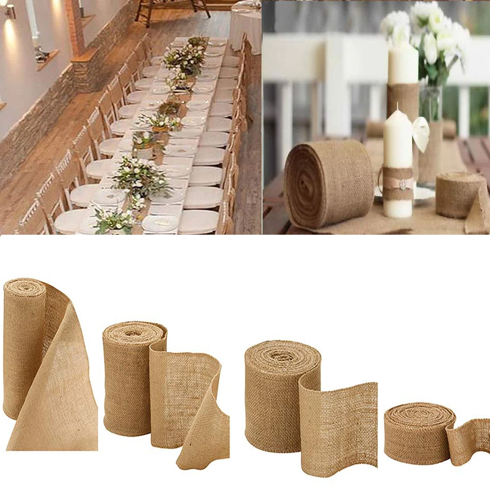 

10M Vintage Natural Burlap Jute Ribbon Roll Tape Linen Table Runner Lace Cloth For Dinning Restaurant Table Gadget Home Decor