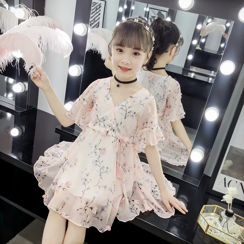 Kids Dresses for Girls 2019 Summer Dress Toddler Children V-neck Chiffon 2 3 4 5 6 7 8 9 10 11 12 13 Years | Детская одежда и