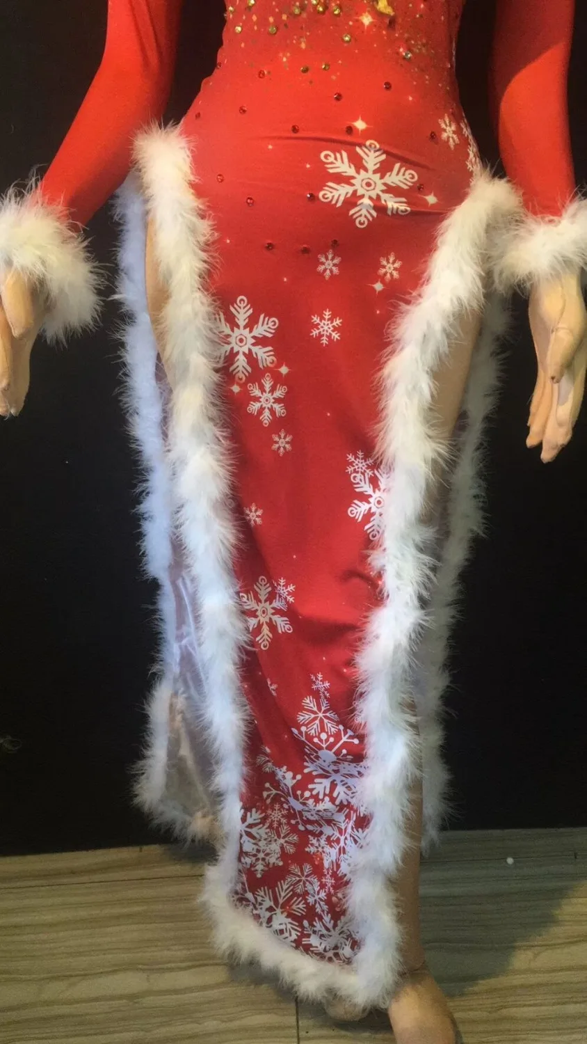 Рождественский стиль женские сексуальные красные кристаллы белый пух Cheongsam