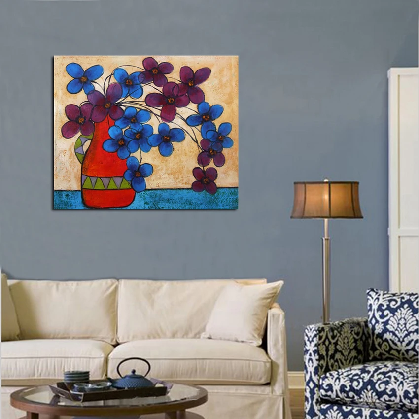

Modern simple style hand painted retro purple and blue little flowers in the vase oil painting on canvas for home art decor