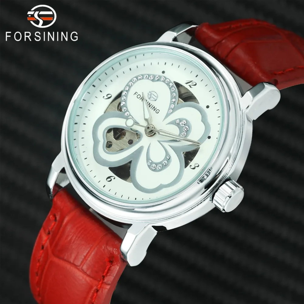 FORSINING модные элегантные женские часы Авто Механические Кристалл Iced Out полые цветок циферблат лучший бренд класса люкс Красный Дамы Часы