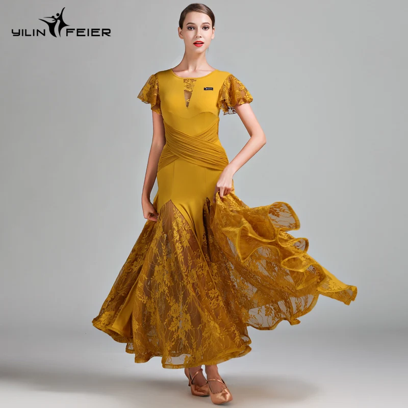 YILINFEIER modern dance skirt dress S7012 national standard lace ballroom long | Тематическая одежда и униформа