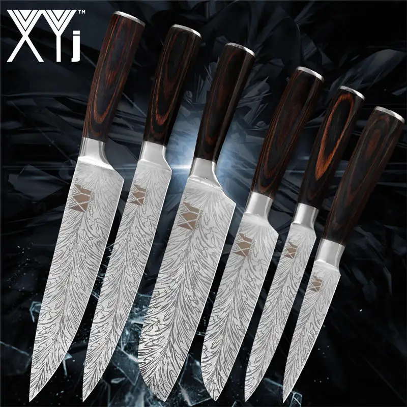 E.6pcs set XYj, 8 шт., набор ножей из нержавеющей стали, дамасский узор, лезвие, цветная деревянная ручка, точилка для ножей, кухонный 6 ''8'', подставка для ножей - Цвет: E.6pcs set