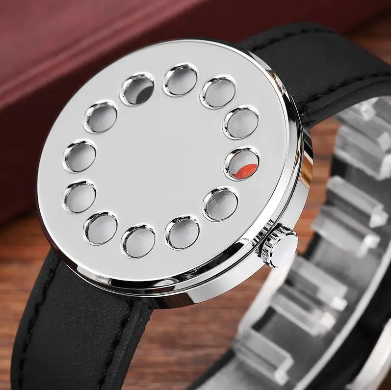 Silver Case Watch Мужские креативные часы, мужские Поворотные Часы, уникальный циферблат, черный кожаный ремешок, мужские кварцевые наручные часы для мужчин, часы Relogio Masculino - Цвет: Silver Case Watch