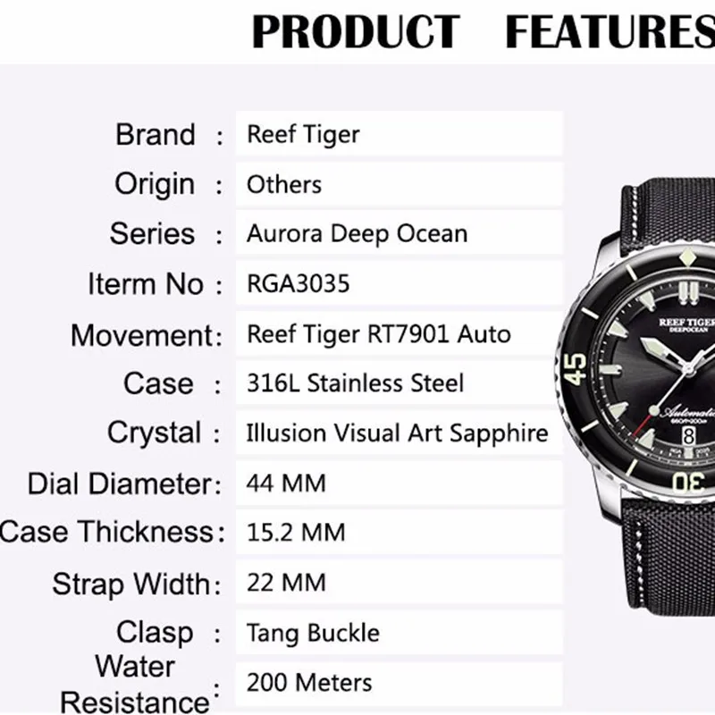 Reef Tiger Brand Casual Fashion Mechanical Deep Waterproof Wristwatch Top Luxury nylon Mens Watches relogio masculino RGA3035