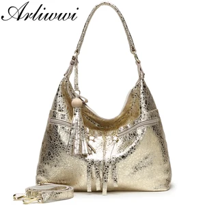 Arliwwi большая блестящая золотая сумка из натуральной кожи, сумки из натуральной кожи, женская модная Новая Большая Сумка через плечо из натуральной кожи GB11