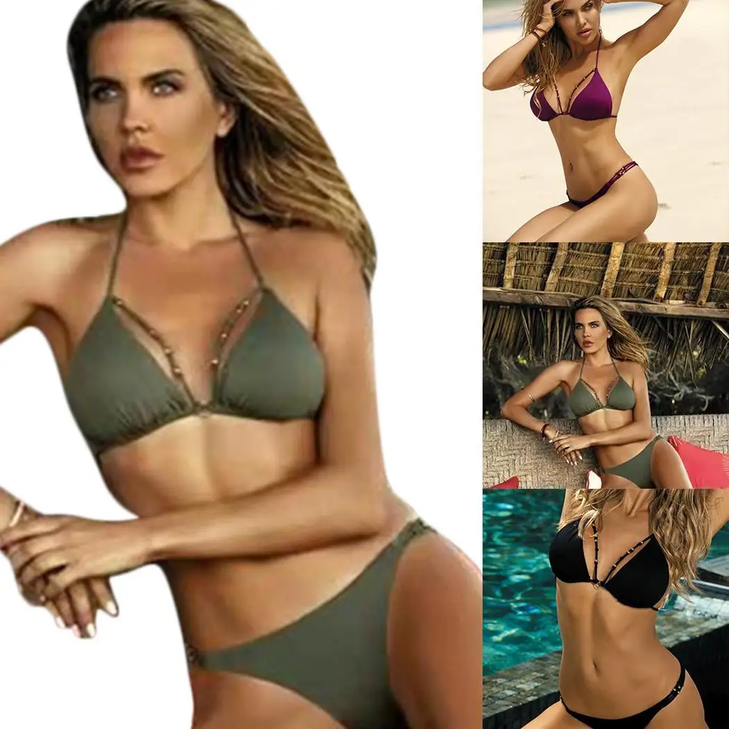 Женский Сплошной треугольник бисером сексуальное бикини пляж бассейн Сплит